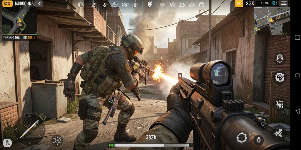Tampilan gameplay yang intens dengan aksi tembak-menembak di 33ZK.