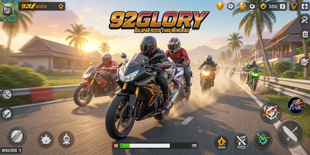 Screenshot utama 92GLORY menampilkan aksi balapan motor yang mendebarkan.