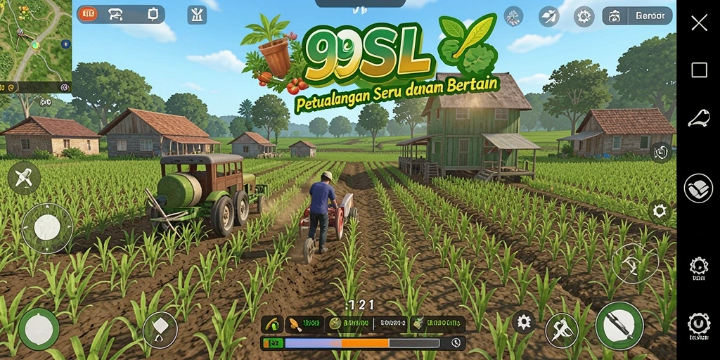 Tampilan gameplay 99SL yang menampilkan kebun yang subur dan tanaman beragam.