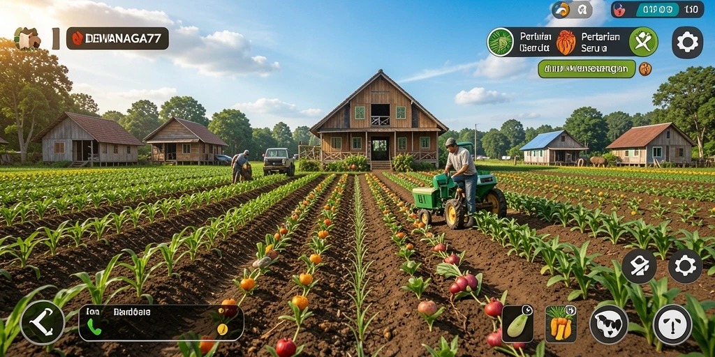 Screenshot gameplay DEWANAGA77 menunjukkan aktivitas bertani yang seru dan interaktif.