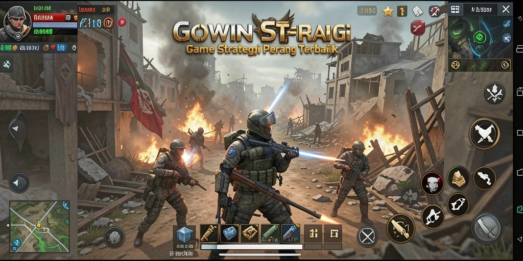Screenshot GOWIN menampilkan pertempuran strategis dalam game SLG.
