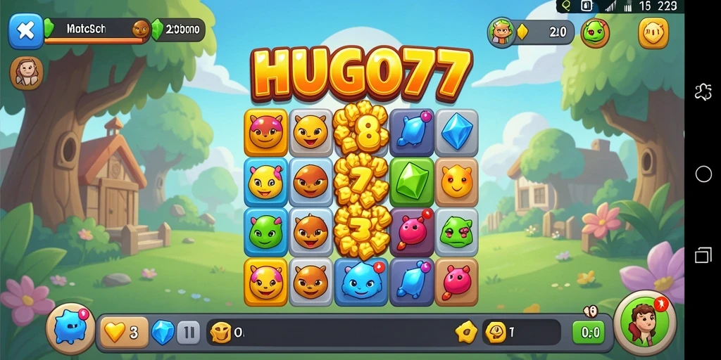Tampilan menarik game HUGO77 dengan gameplay Match-3 yang seru.