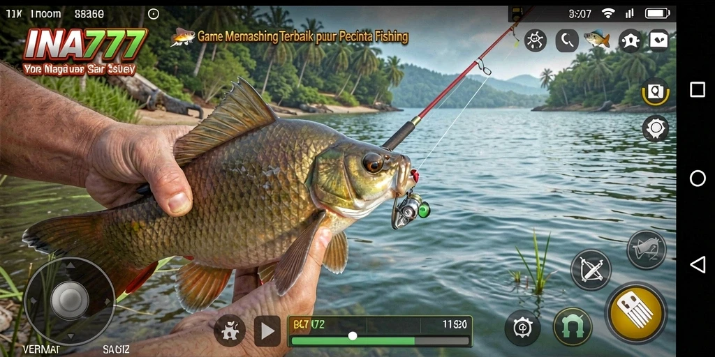 Screenshot gameplay menunjukkan momen memancing yang mendebarkan.