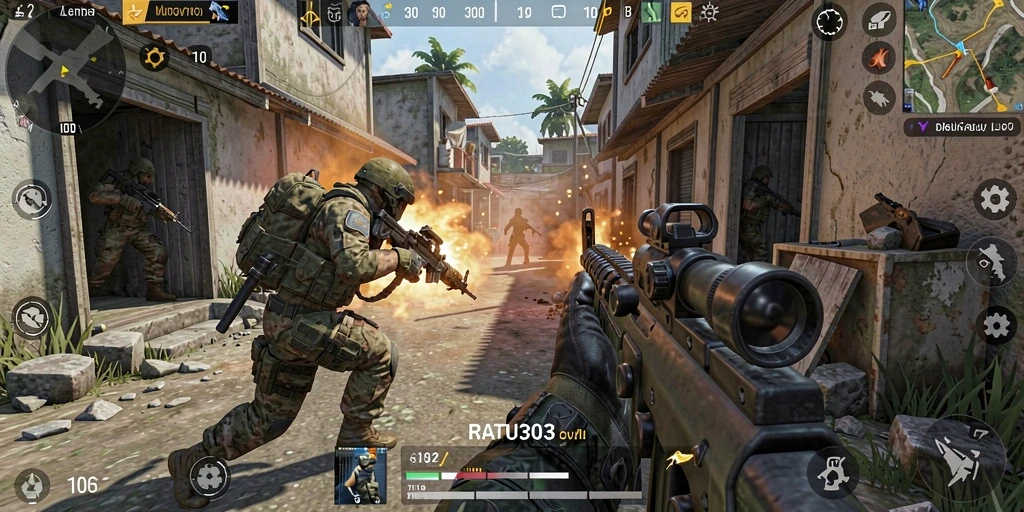 Screenshot gameplay RATU303 menampilkan aksi menembak yang intens.